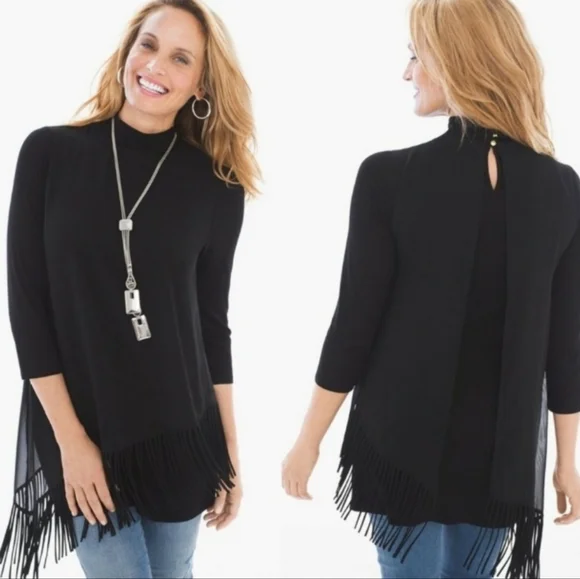 CHICO'S Fringe Asymmetric Hem Semi Sheer Overlay Black Top 2 (Large) - Picture 1 of 9